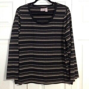 CHICO'S Size 2 Medium Black Gold Metallic Striped Crewneck Long Sleeve Stretch